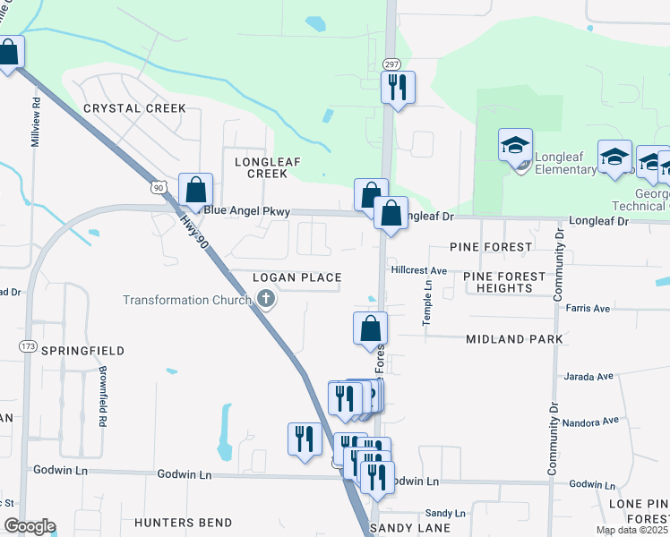map of restaurants, bars, coffee shops, grocery stores, and more near 3372 Wasatch Range Loop in Pensacola