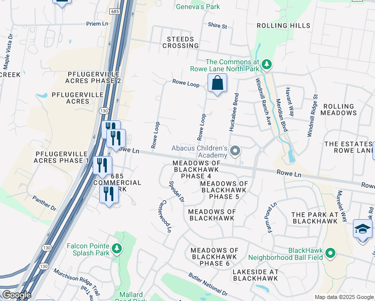 map of restaurants, bars, coffee shops, grocery stores, and more near 2141 Rowe Loop in Pflugerville