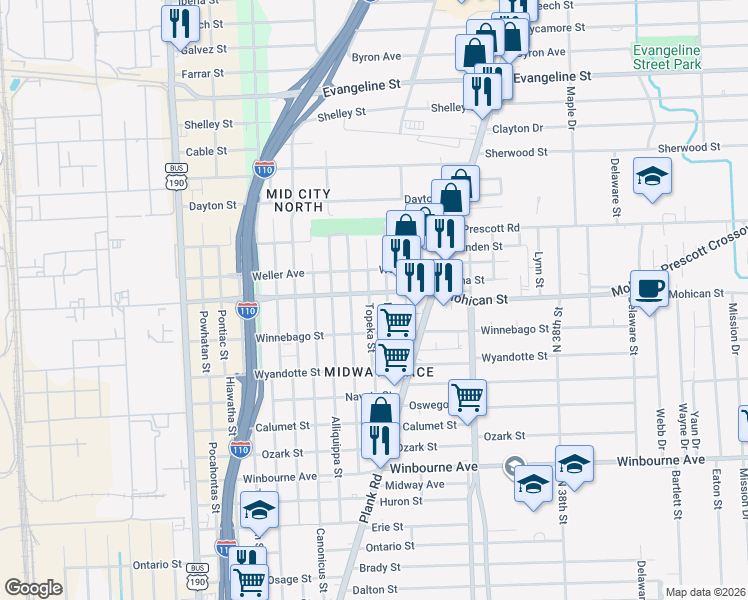 map of restaurants, bars, coffee shops, grocery stores, and more near 3884 Topeka Street in Baton Rouge
