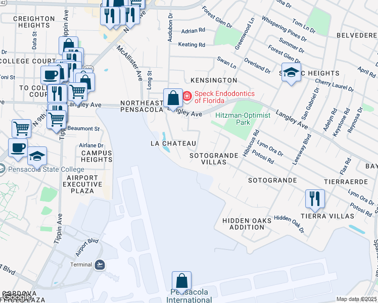map of restaurants, bars, coffee shops, grocery stores, and more near 2987 Meredith Drive in Pensacola