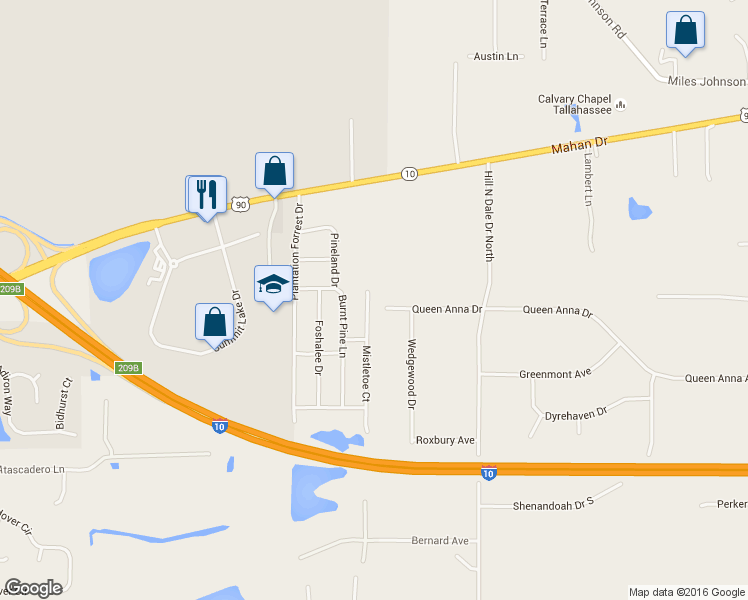 map of restaurants, bars, coffee shops, grocery stores, and more near 2129 Mistletoe Court in Tallahassee