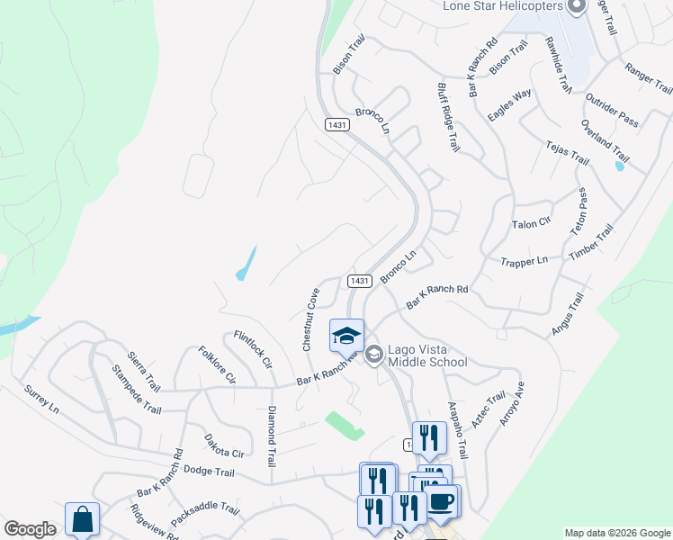 map of restaurants, bars, coffee shops, grocery stores, and more near 8128 Chestnut Cove in Lago Vista