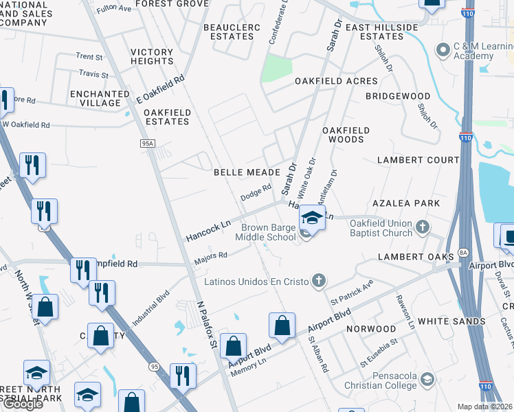 map of restaurants, bars, coffee shops, grocery stores, and more near 120 Hancock Lane in Pensacola