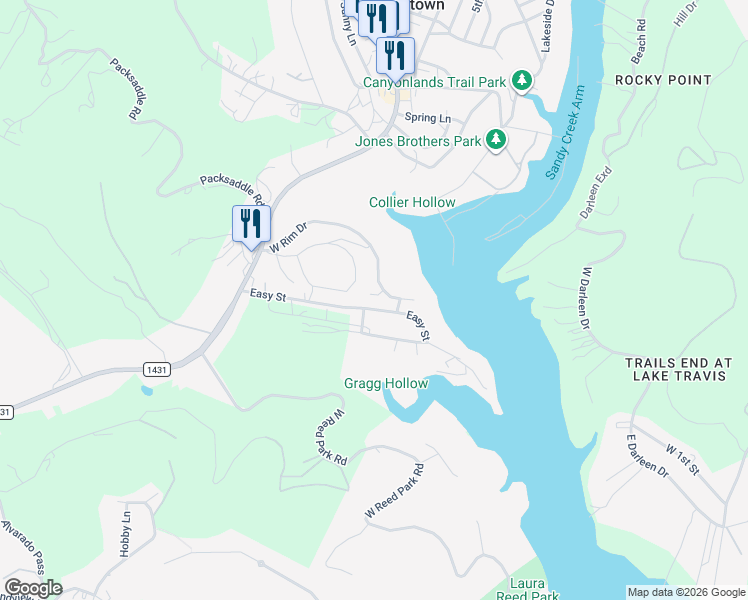 map of restaurants, bars, coffee shops, grocery stores, and more near 18204 Easy Street in Jonestown