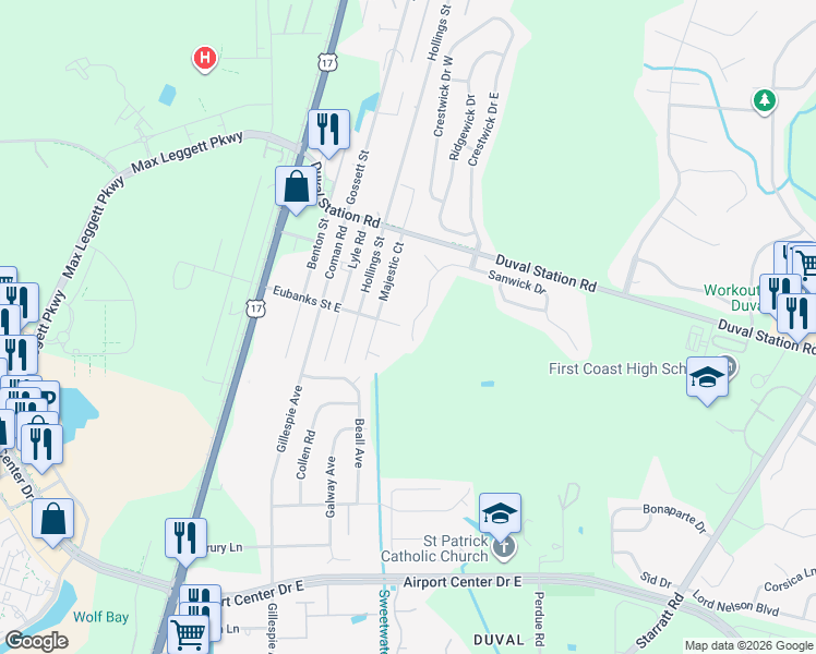 map of restaurants, bars, coffee shops, grocery stores, and more near 165 Sanwick Drive in Jacksonville
