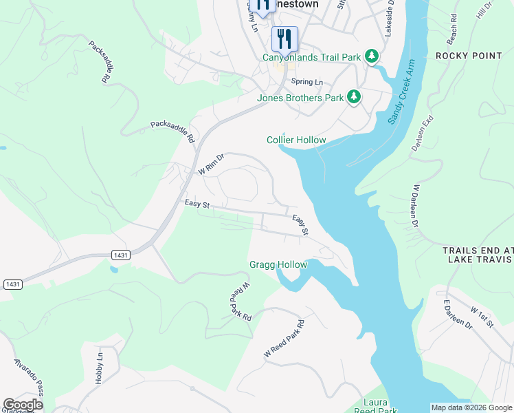 map of restaurants, bars, coffee shops, grocery stores, and more near 18214 Easy Street in Jonestown
