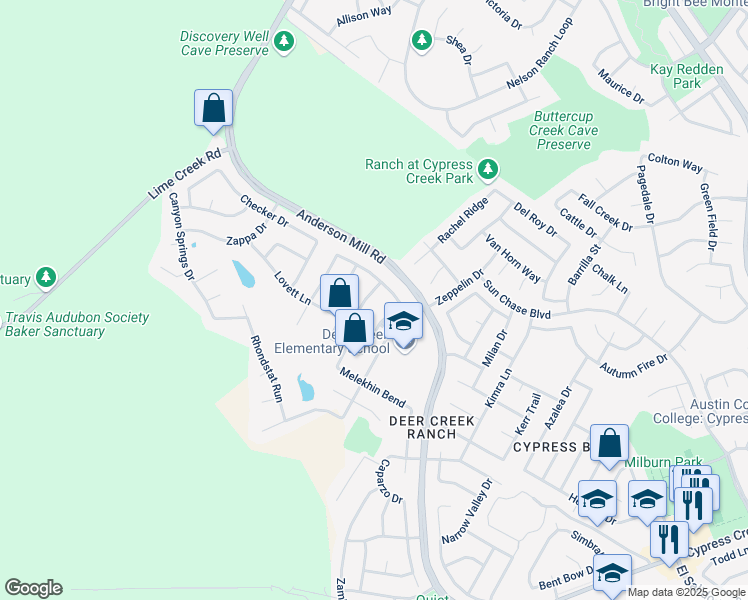 map of restaurants, bars, coffee shops, grocery stores, and more near 1104 Challa Dr in Cedar Park