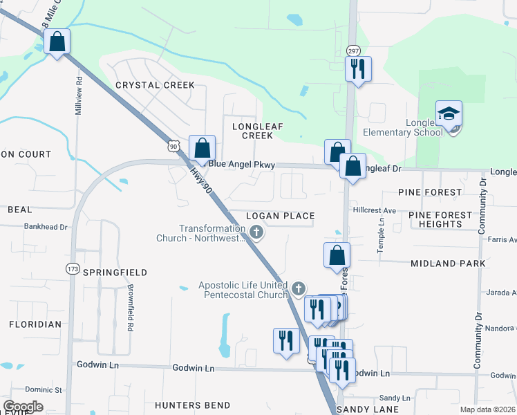 map of restaurants, bars, coffee shops, grocery stores, and more near 3452 Wasatch Range Loop in Pensacola