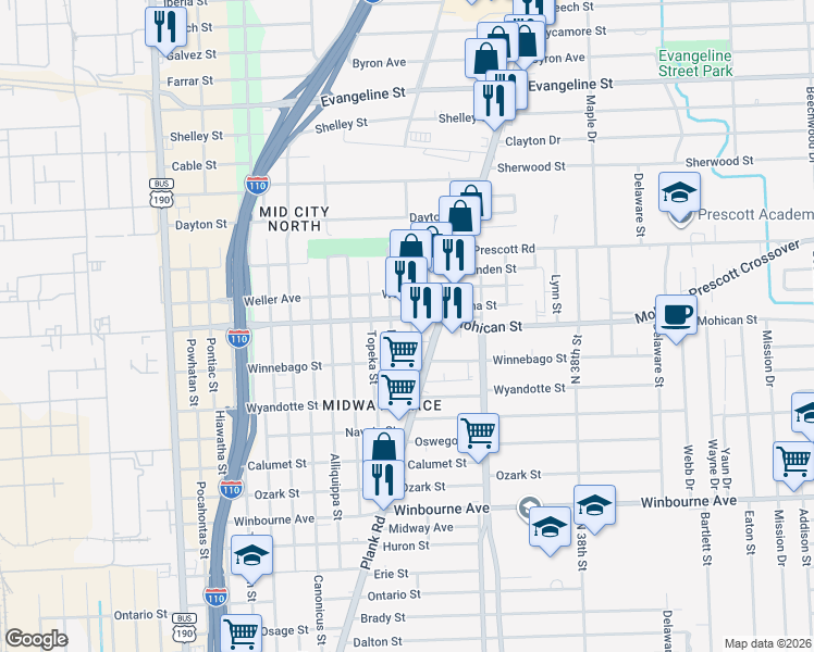 map of restaurants, bars, coffee shops, grocery stores, and more near 3879 Pawtucket Street in Baton Rouge