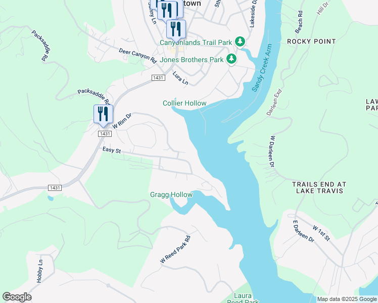 map of restaurants, bars, coffee shops, grocery stores, and more near 18101 W Rim Dr in Jonestown