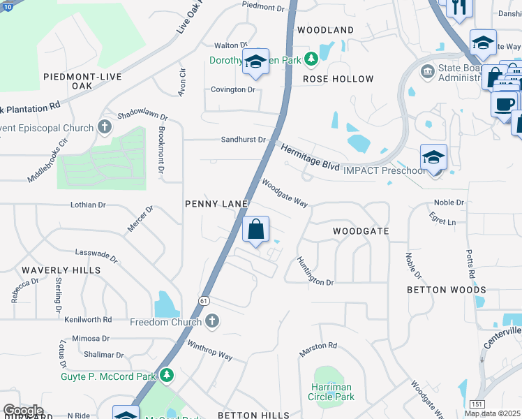 map of restaurants, bars, coffee shops, grocery stores, and more near 1307 Peacefield Place in Tallahassee