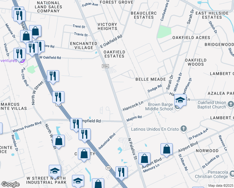 map of restaurants, bars, coffee shops, grocery stores, and more near 6313-6399 Florida 95A in Pensacola