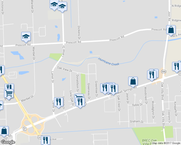 map of restaurants, bars, coffee shops, grocery stores, and more near 3724 Greenway Drive in Baton Rouge