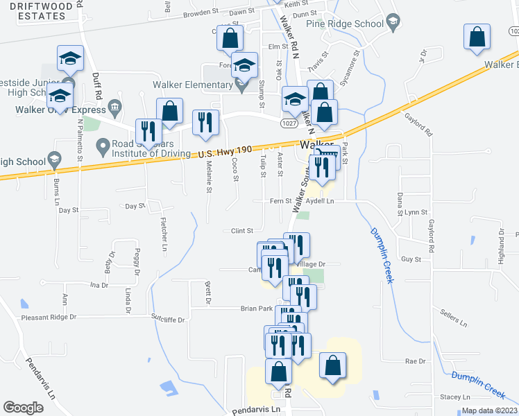 map of restaurants, bars, coffee shops, grocery stores, and more near 29537 Tulip Street in Walker