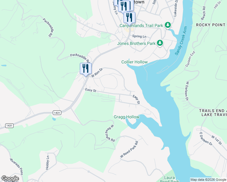 map of restaurants, bars, coffee shops, grocery stores, and more near 18214 Easy St in Jonestown