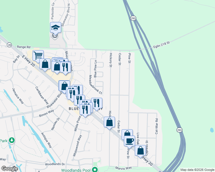 map of restaurants, bars, coffee shops, grocery stores, and more near 1542 Hickory Street in Niceville