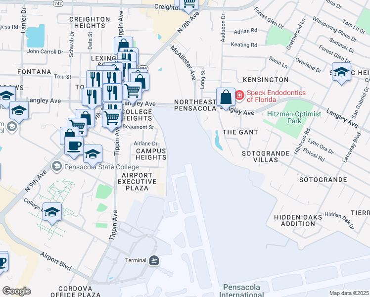 map of restaurants, bars, coffee shops, grocery stores, and more near 6100 Airlane Drive in Pensacola