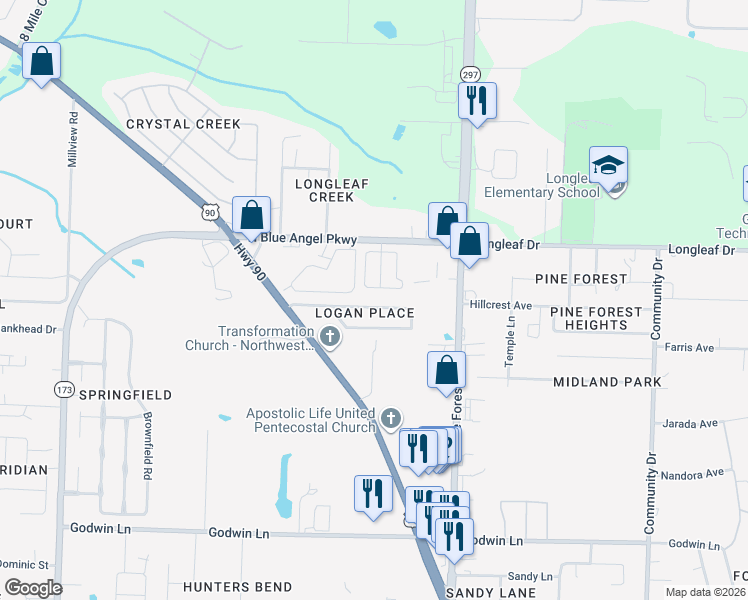 map of restaurants, bars, coffee shops, grocery stores, and more near 3416 Wasatch Range Loop in Pensacola