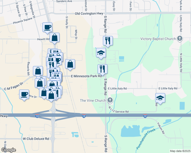 map of restaurants, bars, coffee shops, grocery stores, and more near 16218 East Minnesota Park Road in Hammond