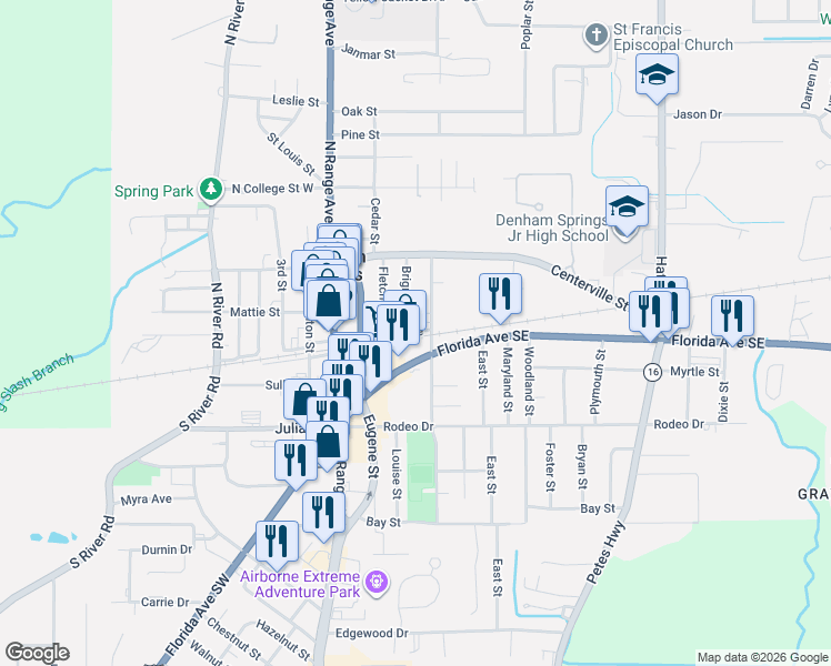map of restaurants, bars, coffee shops, grocery stores, and more near 257 Florida Avenue Southeast in Denham Springs