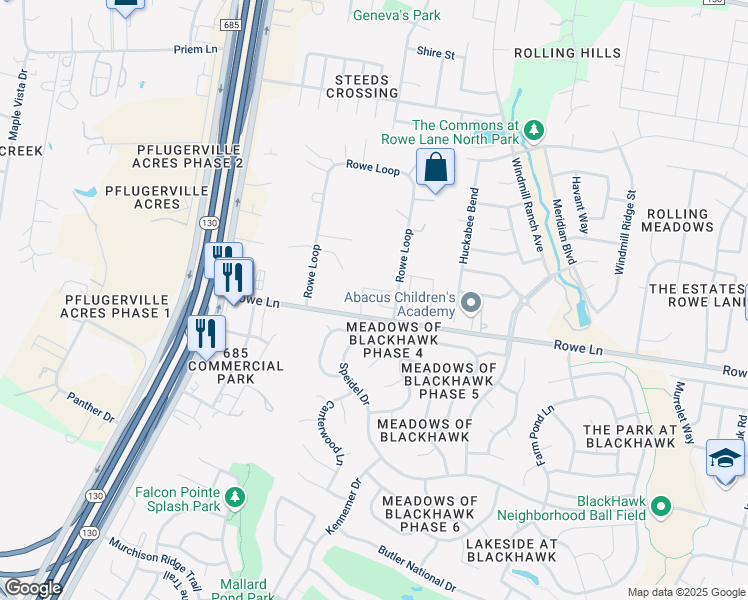 map of restaurants, bars, coffee shops, grocery stores, and more near 2141 Rowe Loop in Pflugerville