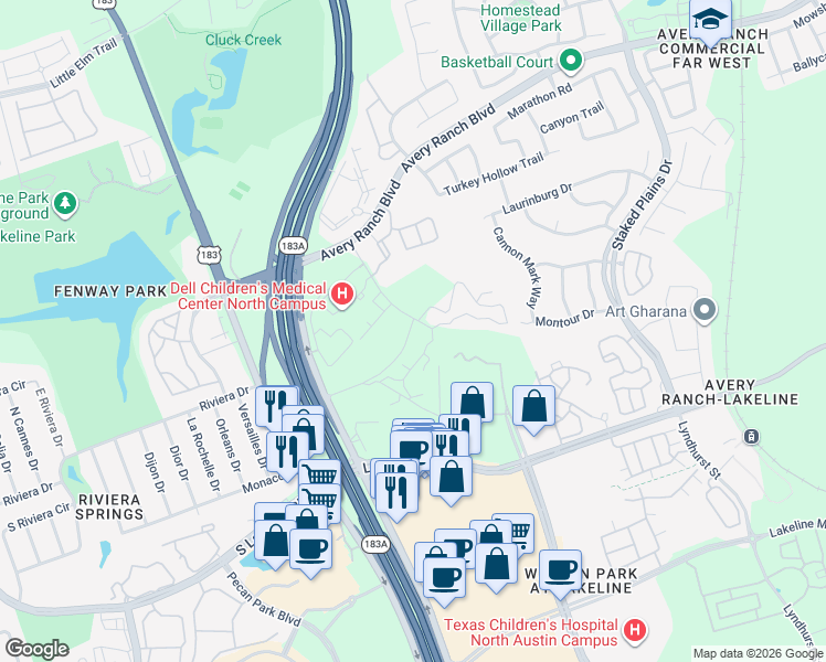 map of restaurants, bars, coffee shops, grocery stores, and more near U.S. 183 in Austin