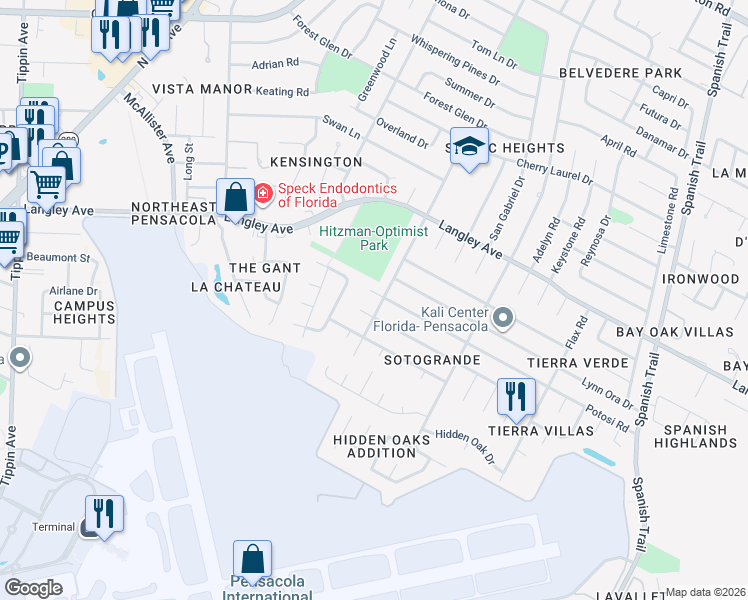map of restaurants, bars, coffee shops, grocery stores, and more near 3795 Potosi Road in Pensacola
