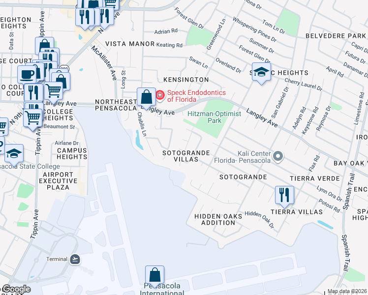 map of restaurants, bars, coffee shops, grocery stores, and more near 3560 Soto Grande Place in Pensacola
