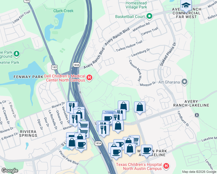 map of restaurants, bars, coffee shops, grocery stores, and more near U.S. 183 in Austin