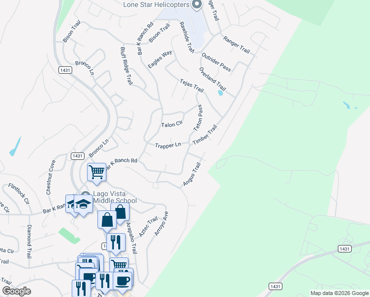 map of restaurants, bars, coffee shops, grocery stores, and more near 8410 Timber Trail in Lago Vista