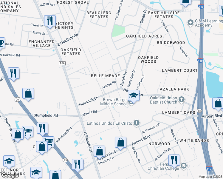 map of restaurants, bars, coffee shops, grocery stores, and more near 120 Hancock Lane in Pensacola
