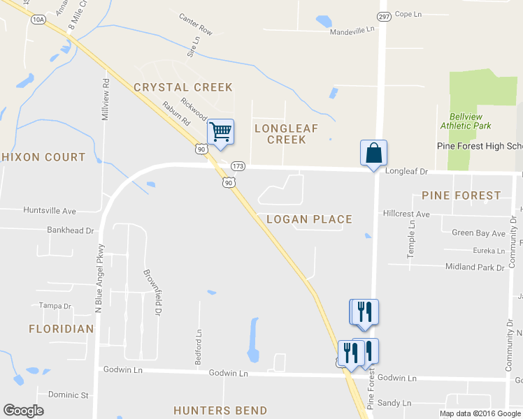 map of restaurants, bars, coffee shops, grocery stores, and more near 3492 Wasatch Range Loop in Pensacola