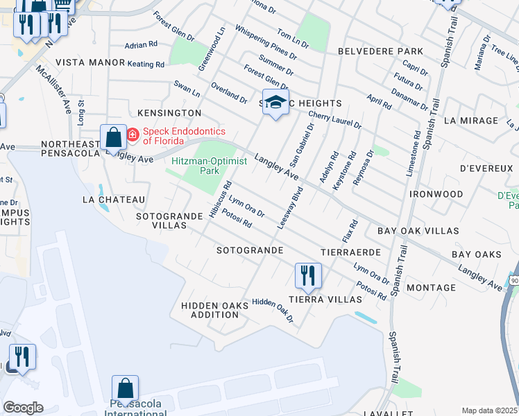 map of restaurants, bars, coffee shops, grocery stores, and more near 3910 Lynn Ora Drive in Pensacola
