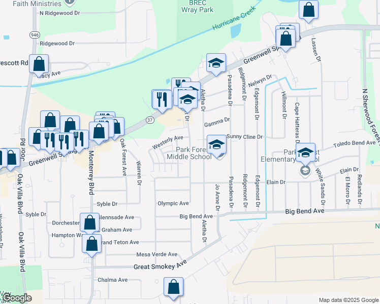 map of restaurants, bars, coffee shops, grocery stores, and more near 3815 Platt Drive in Baton Rouge