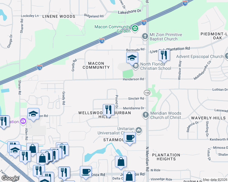 map of restaurants, bars, coffee shops, grocery stores, and more near 2918 Pound Drive in Tallahassee