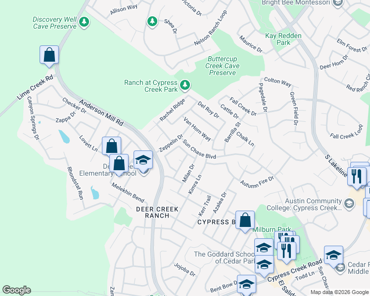map of restaurants, bars, coffee shops, grocery stores, and more near 1206 Devil Ridge in Cedar Park