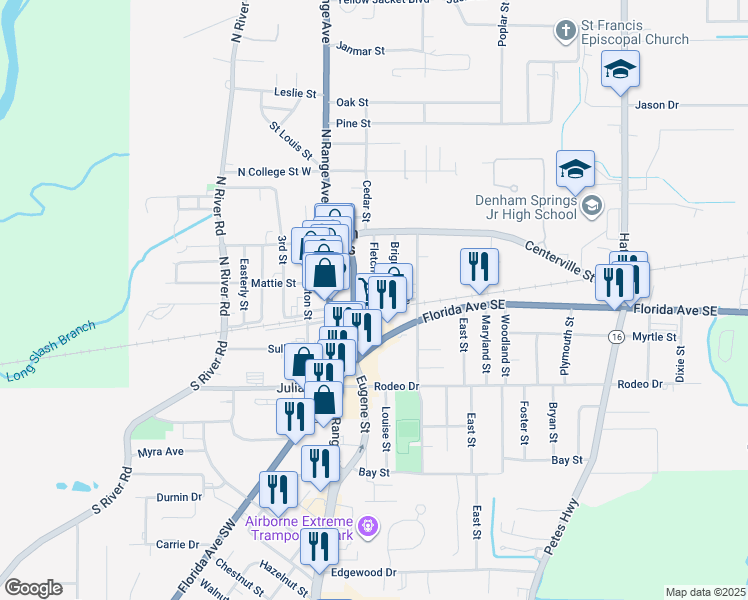 map of restaurants, bars, coffee shops, grocery stores, and more near 126 Fletcher Street in Denham Springs