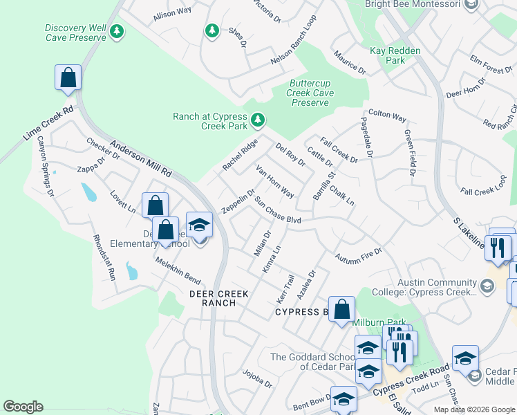 map of restaurants, bars, coffee shops, grocery stores, and more near 1206 Devil Ridge in Cedar Park