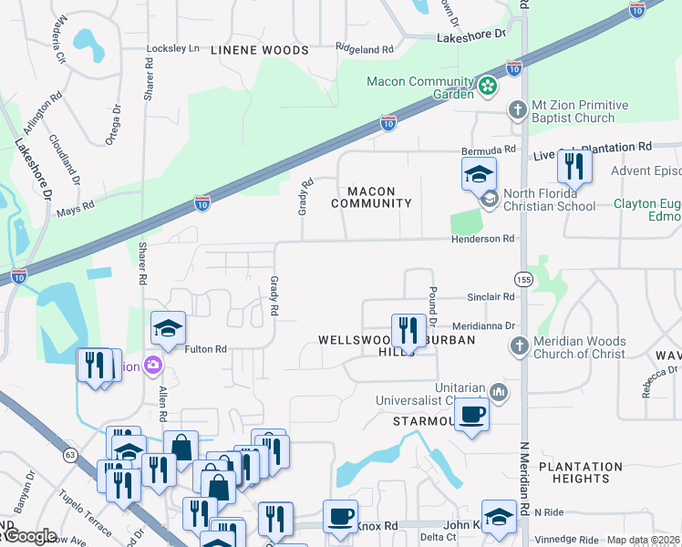 map of restaurants, bars, coffee shops, grocery stores, and more near 129 Henderson Road in Tallahassee