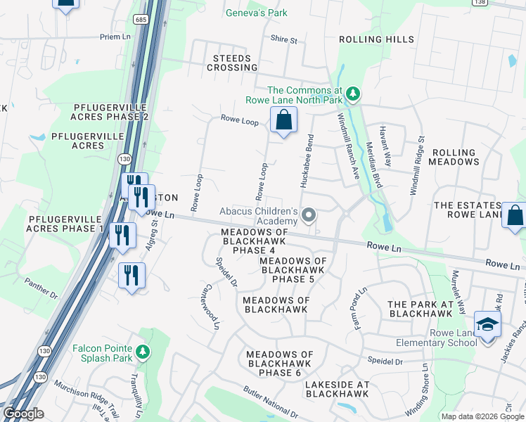map of restaurants, bars, coffee shops, grocery stores, and more near 2156 Rowe Loop in Pflugerville