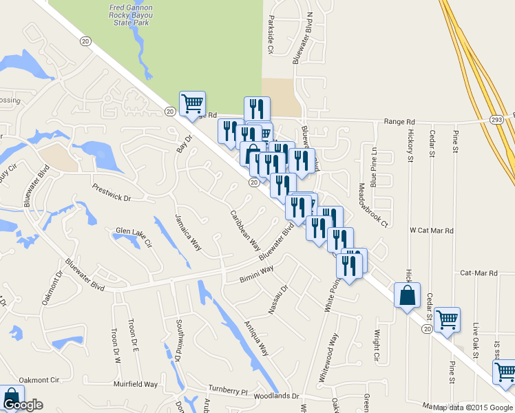 map of restaurants, bars, coffee shops, grocery stores, and more near 731 Saint Thomas Cove in Niceville