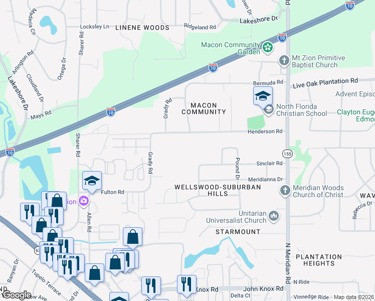 map of restaurants, bars, coffee shops, grocery stores, and more near 129 Henderson Road in Tallahassee