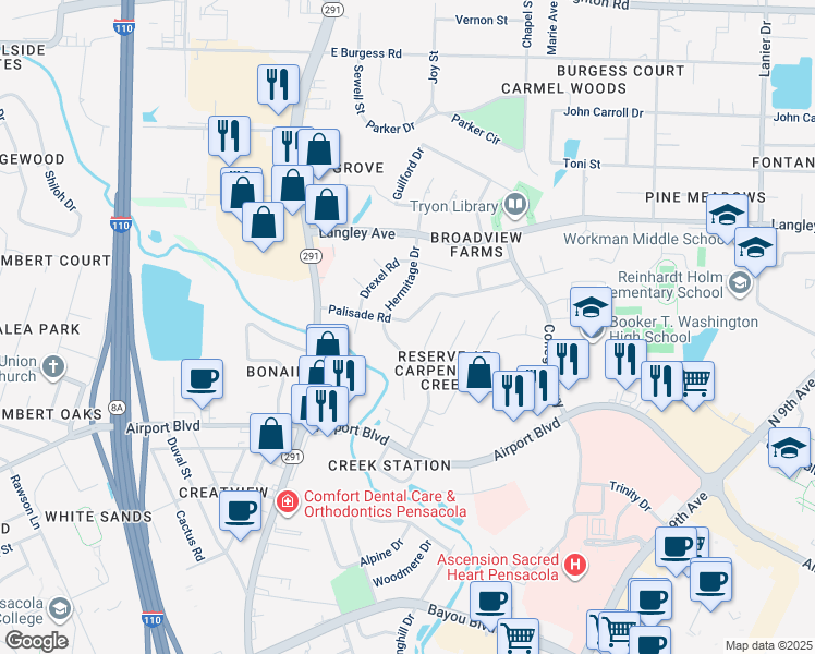 map of restaurants, bars, coffee shops, grocery stores, and more near 1005 Palisades Road in Pensacola