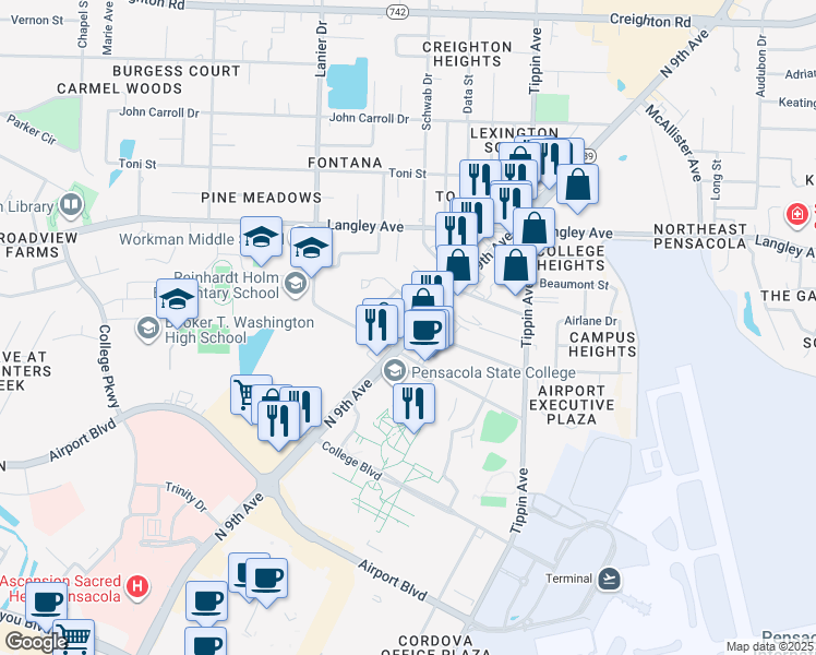 map of restaurants, bars, coffee shops, grocery stores, and more near 5904 North 9th Avenue in Pensacola