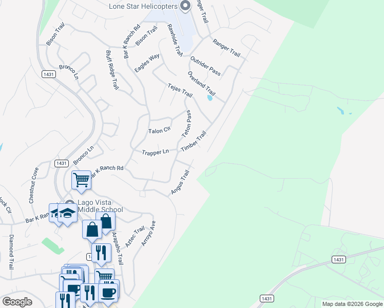 map of restaurants, bars, coffee shops, grocery stores, and more near 8412 Angus Trail in Leander