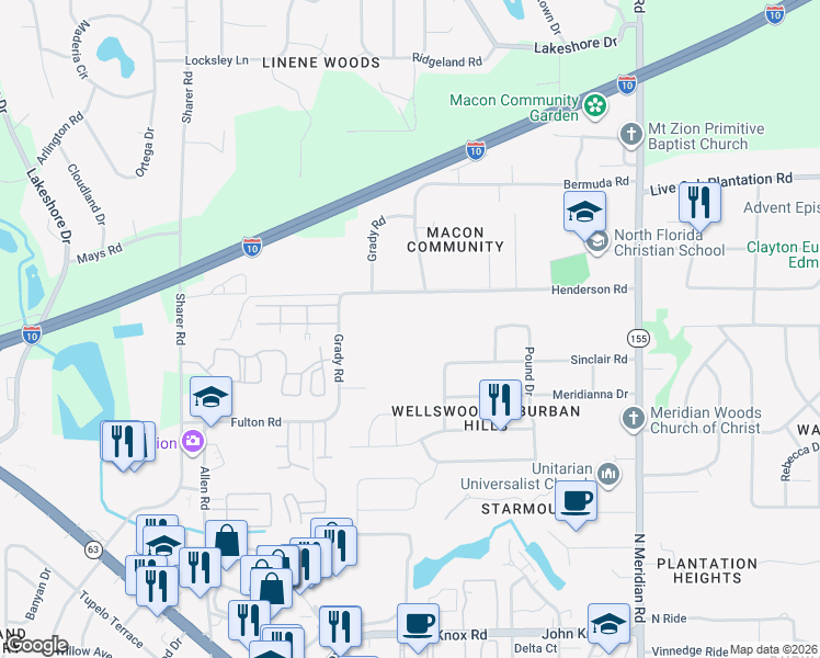 map of restaurants, bars, coffee shops, grocery stores, and more near 129 Henderson Road in Tallahassee