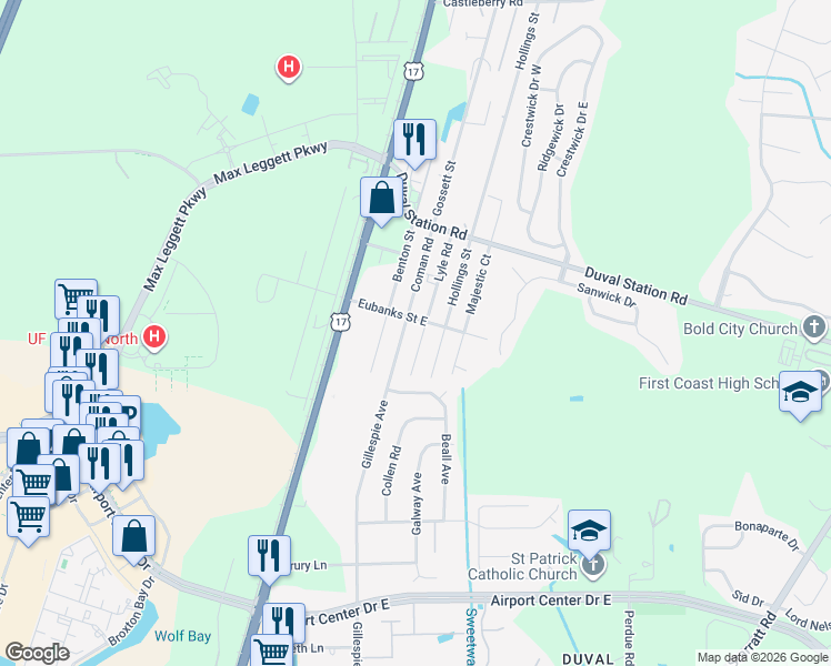 map of restaurants, bars, coffee shops, grocery stores, and more near 13648 Lyle Road in Jacksonville