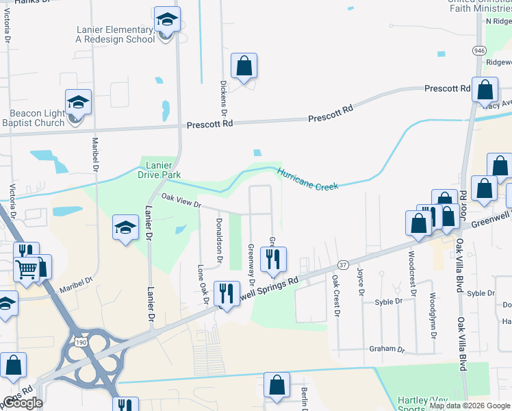 map of restaurants, bars, coffee shops, grocery stores, and more near 3724 Greenway Drive in Baton Rouge