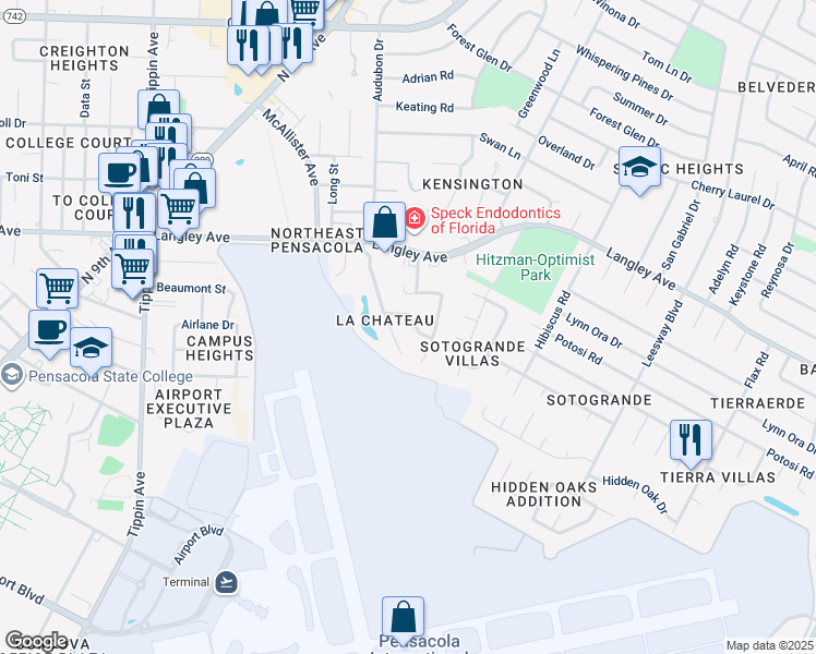 map of restaurants, bars, coffee shops, grocery stores, and more near 2967 Meredith Drive in Pensacola