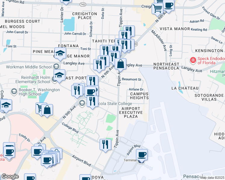 map of restaurants, bars, coffee shops, grocery stores, and more near 1080 Metzger Drive in Pensacola
